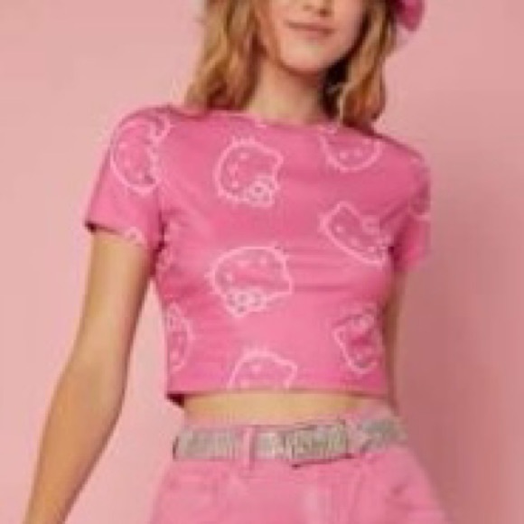 Shein X Hello Kitty Cat Print Crop Tee In Hot Pink Size XS - Picture 7 of 7